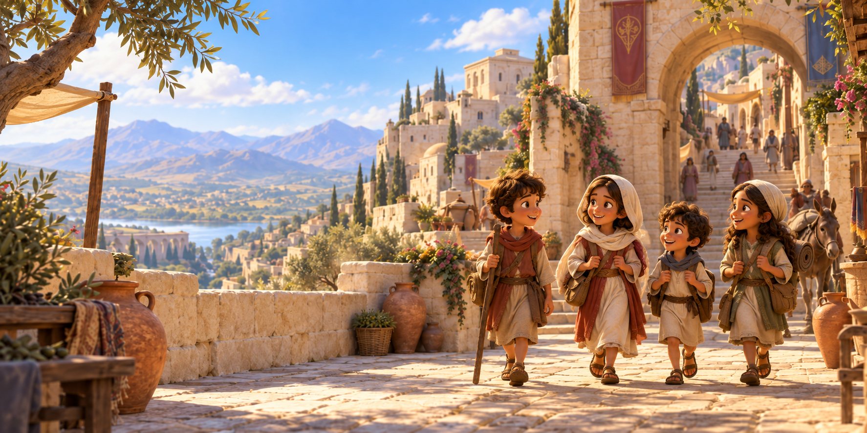 Four children with walking sticks and packs smile as they walk through a sunlit ancient city