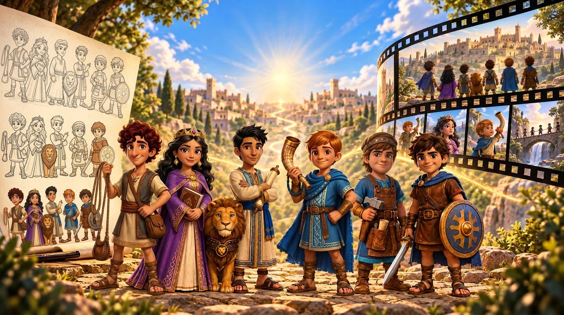 The six young heroes of Quest for Courage standing together in a sunlit biblical city, with their character sketches beside them